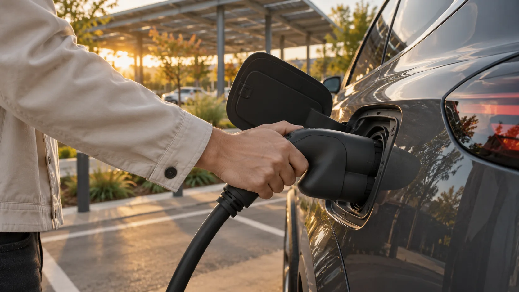A driver connecting a charging cable to an electric car at dusk