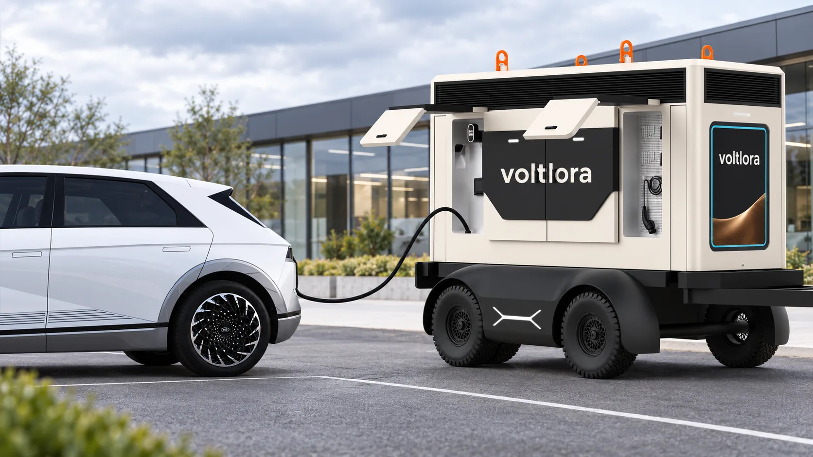 Concept visualisation of the Voltlora mobile charging vehicle charging an electric car in a UK car park