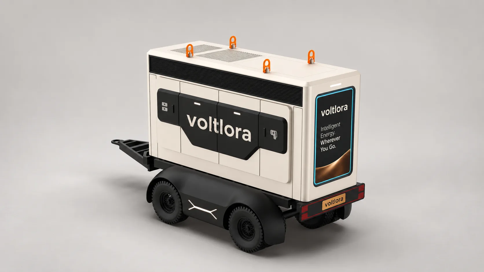 Studio view of the Voltlora mobile charging vehicle: light storage body, dark ventilation band and black wheeled chassis