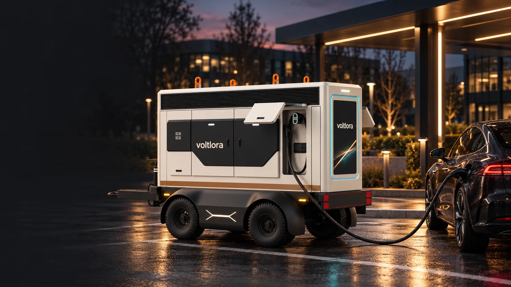 Concept visualisation of the Voltlora unit at a commercial site at dusk